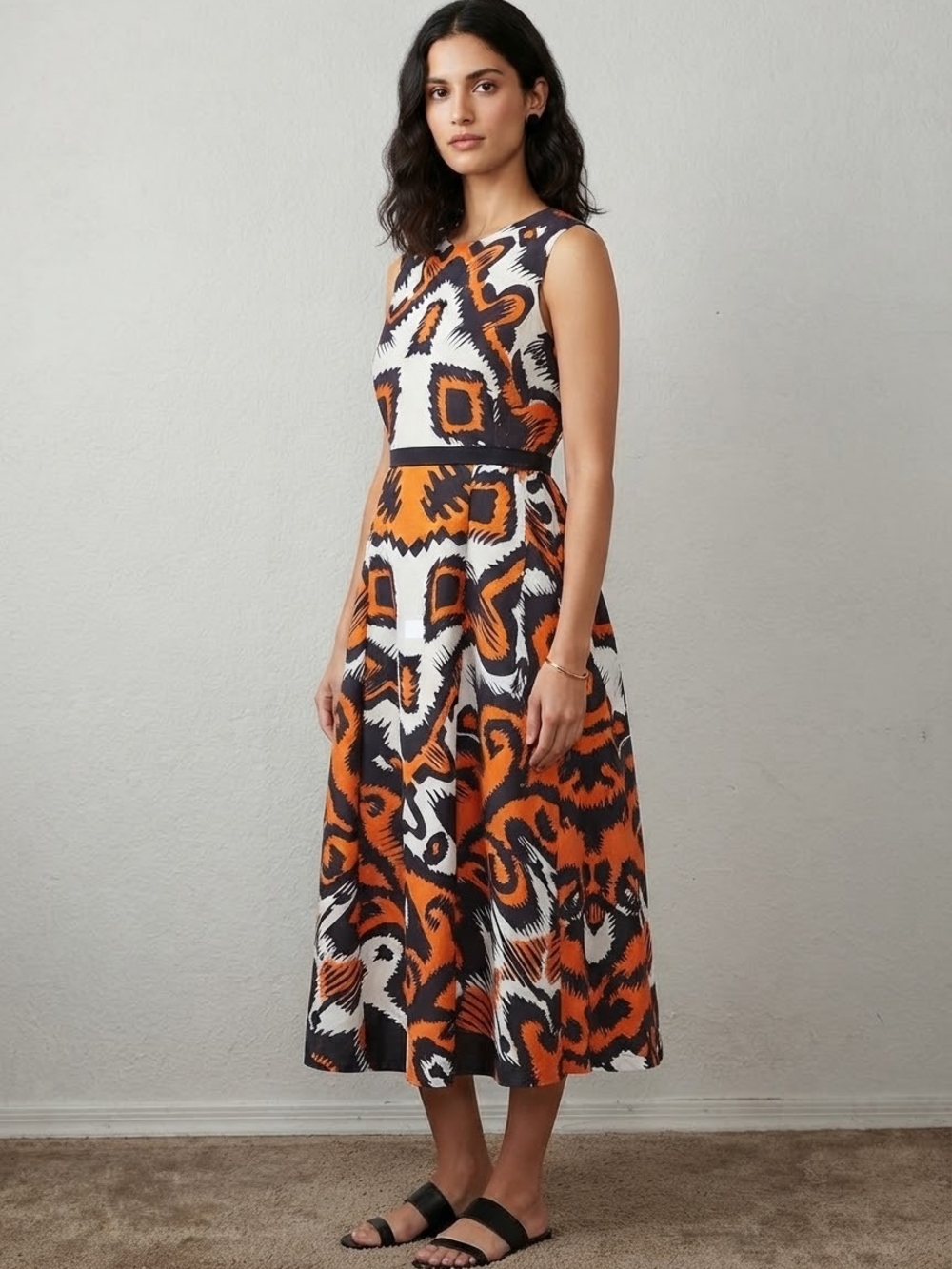 L.K. Bennett London Woman Orange Black Abstract Graphic Sleeveless Midi Dress